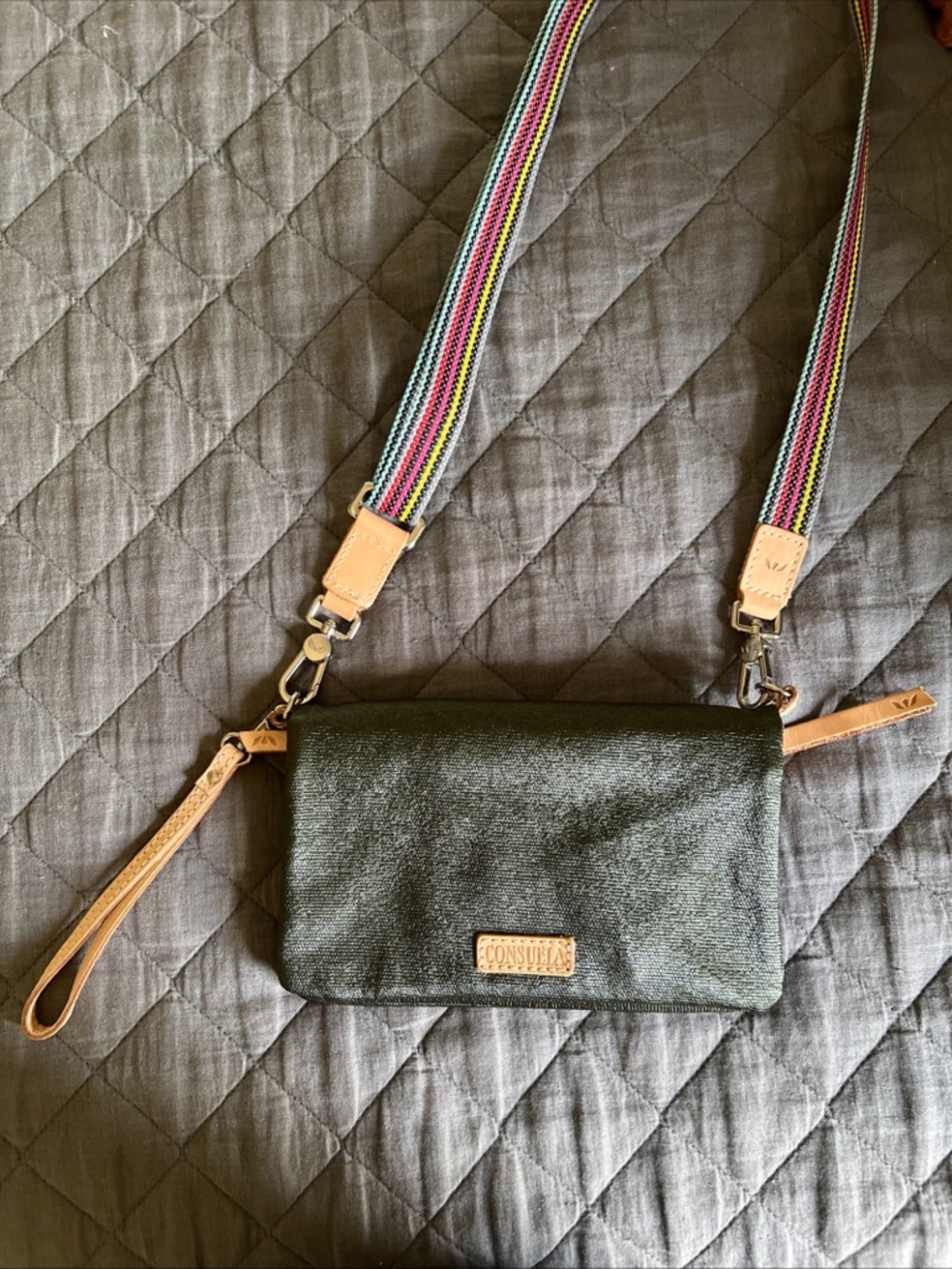 Consuela Olive Crossbody with Multicolor Striped Strap and Tan Accents